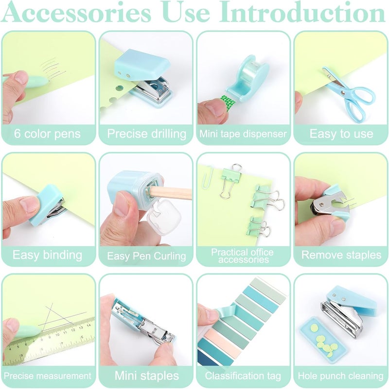 AuraRay Mini Office Supplies, Turquoise Green School Supplies with Sticky Notes,Mini Stapler,Tape Dispenser,Hole Punch,Staple Remover,Staples,Clips,Scissor,Pen (Green) - Image 5